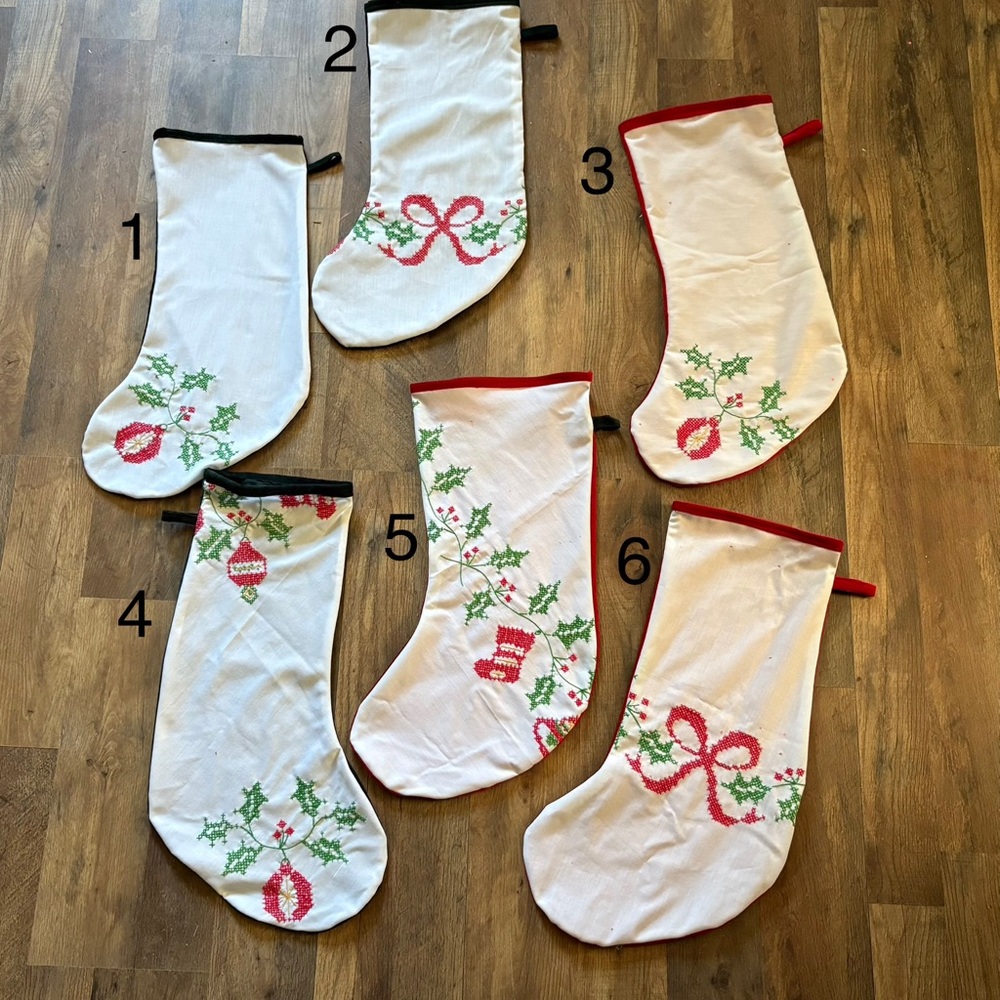 Set of 6 Handmade Stockings with Red and Green Embroidery